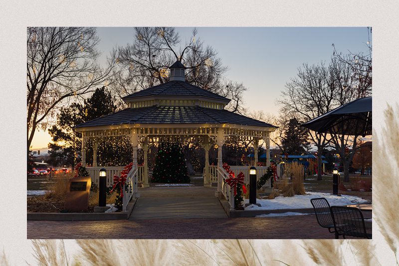 What it's like to live in Parker, Colorado: A Town with History and Hidden Gems | A gazebo decorated with Christmas lights in downtown Parker, CO